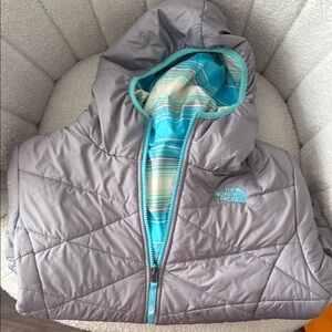 Reversible North Face Gray and Blue Hooded Puffer Jacket
